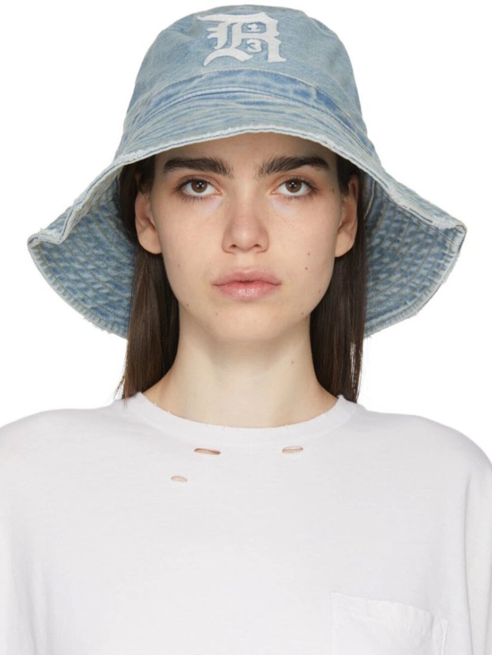 R13 Light Blue Denim Bucket Hat with White Embroidered Logo